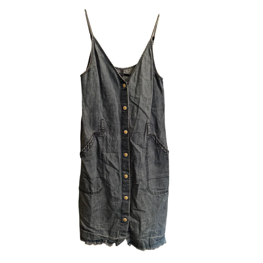 J Brand Shift Dress Mini Denim Blue V-Neck Flower Button Spaghetti Strap Sz S